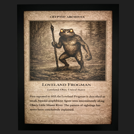 Cryptid Archives Loveland Frogman print showing a small bipedal amphibious figure along Ohio’s Little Miami River