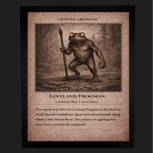 Cryptid Archives Loveland Frogman print showing a small bipedal amphibious figure along Ohio’s Little Miami River