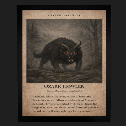 Cryptid Archives Ozark Howler print depicting a demonic horned feline-like creature in the Ozark Mountains