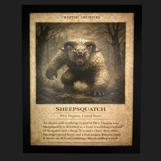 Cryptid Archives Sheepsquatch illustration showing a horned hybrid beast resembling a Sasquatch and sheep in West Virginia