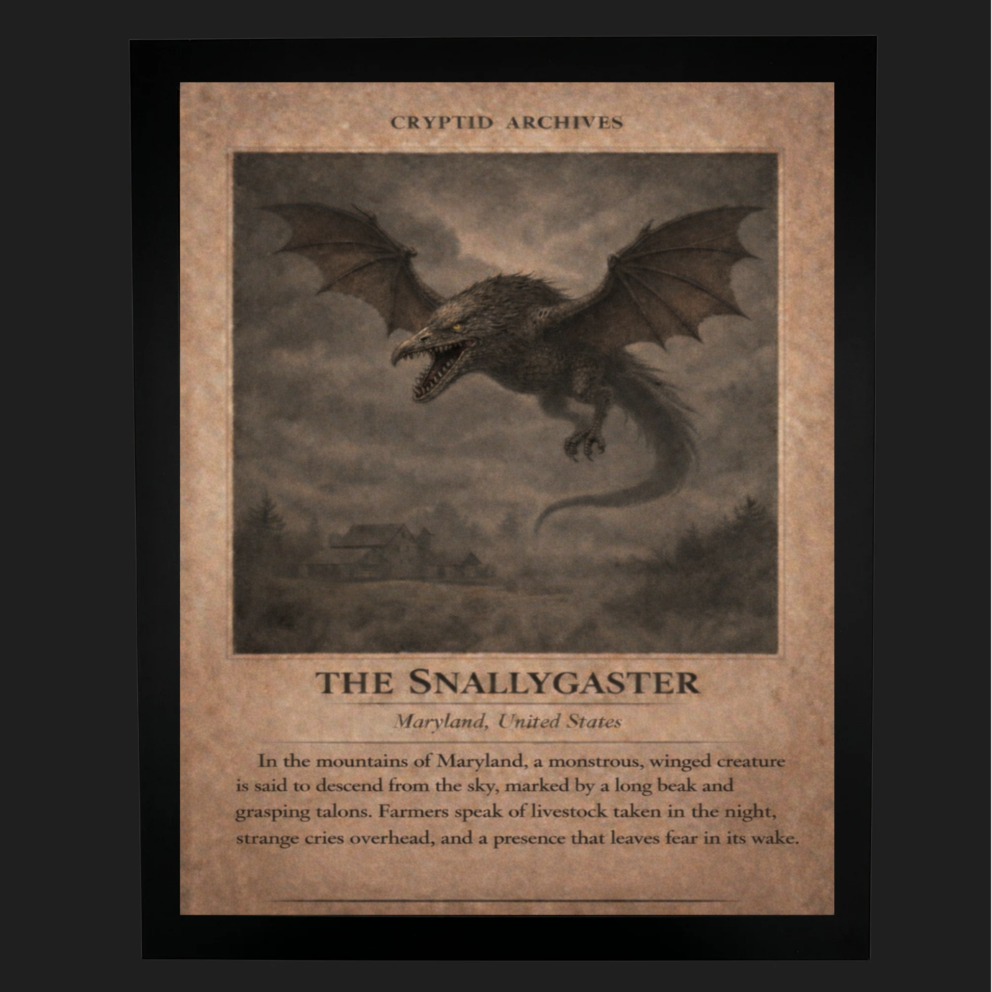 Cryptid Archives Snallygaster artwork depicting a winged creature descending over rural Maryland farmland