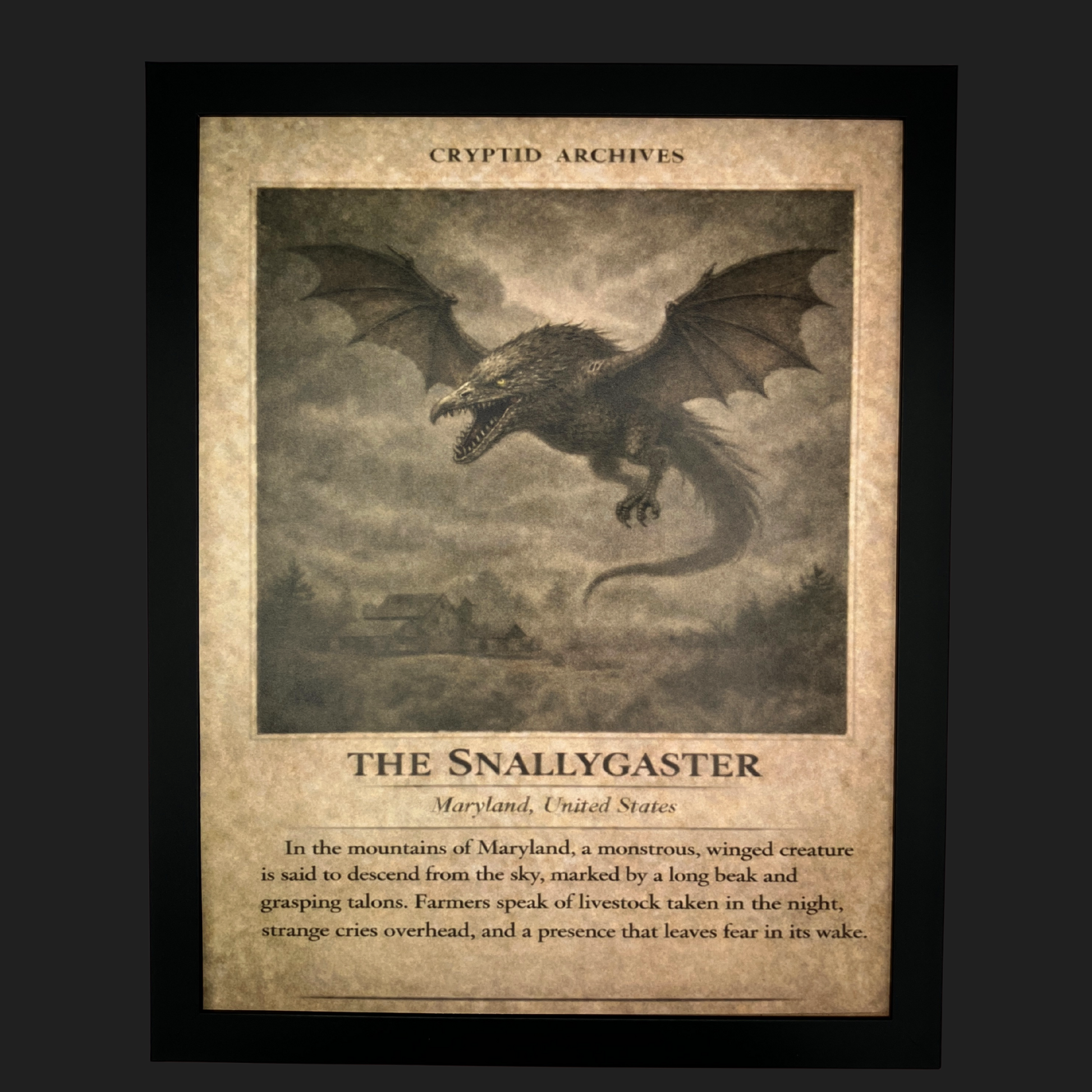 Cryptid Archives Snallygaster artwork depicting a winged creature descending over rural Maryland farmland