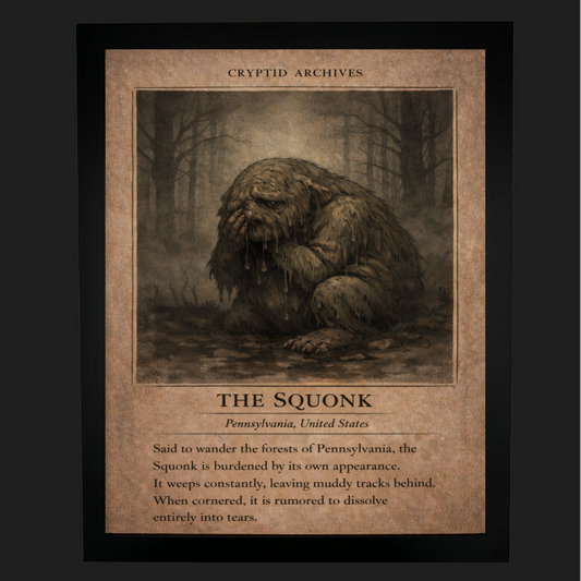 Cryptid Archives Squonk illustration showing a sorrowful creature weeping in the forests of Pennsylvania