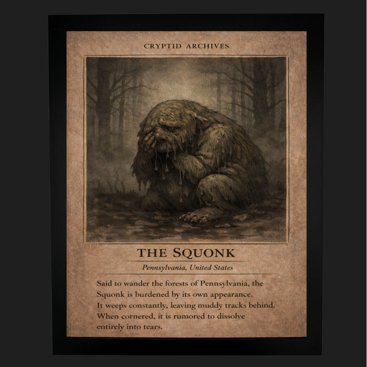 Cryptid Archives Squonk illustration showing a sorrowful creature weeping in the forests of Pennsylvania