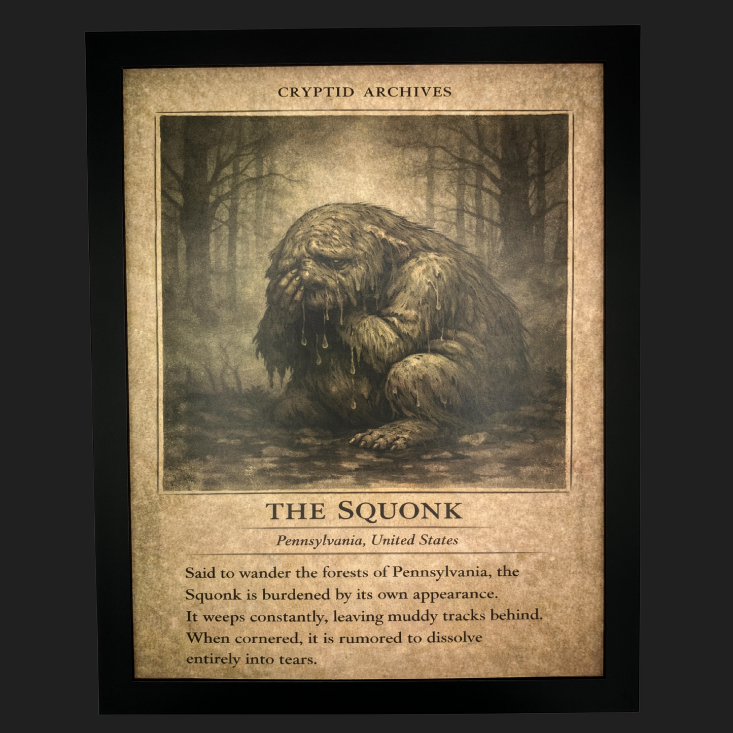Cryptid Archives Squonk illustration showing a sorrowful creature weeping in the forests of Pennsylvania