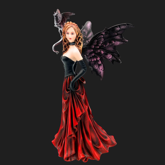 Front angled view of gothic fairy statue in crimson dress with black gloves and purple wings, dragon perched beside her