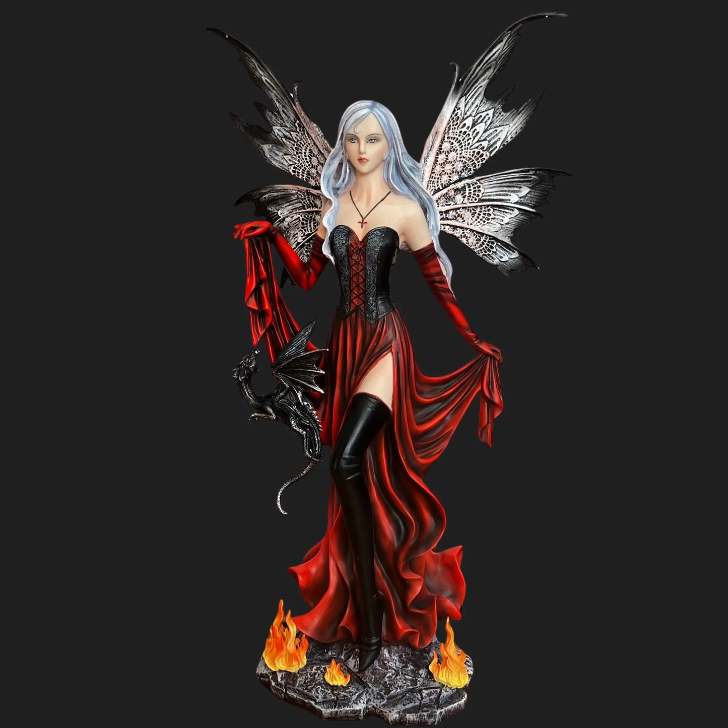 Dark Enchantress fairy statue with black wings, flowing red dress, and small dragon perched on her arm