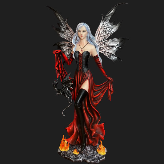 Dark Enchantress fairy statue with black wings, flowing red dress, and small dragon perched on her arm