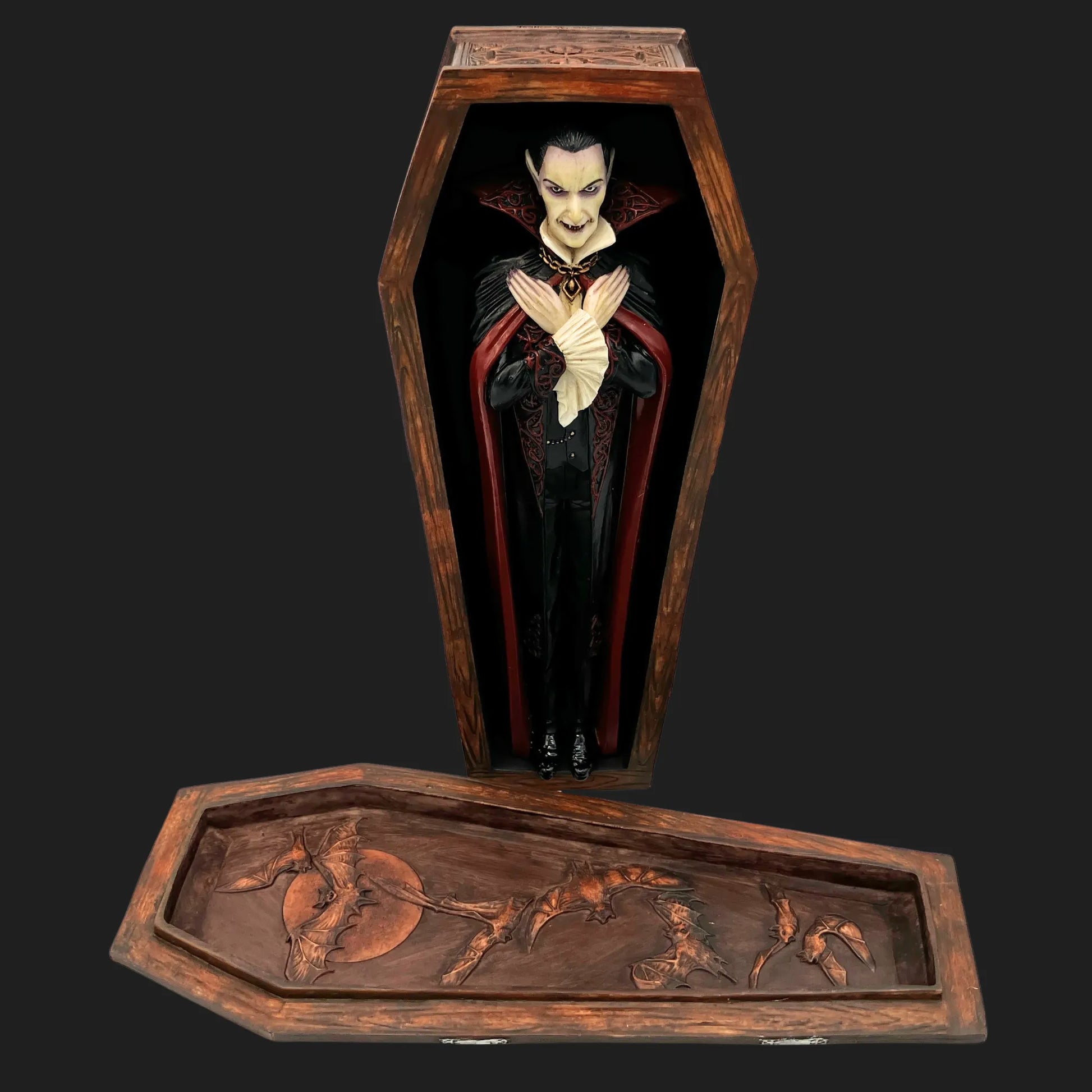 Gothic vampire Dracula figurine in detailed wooden coffin case