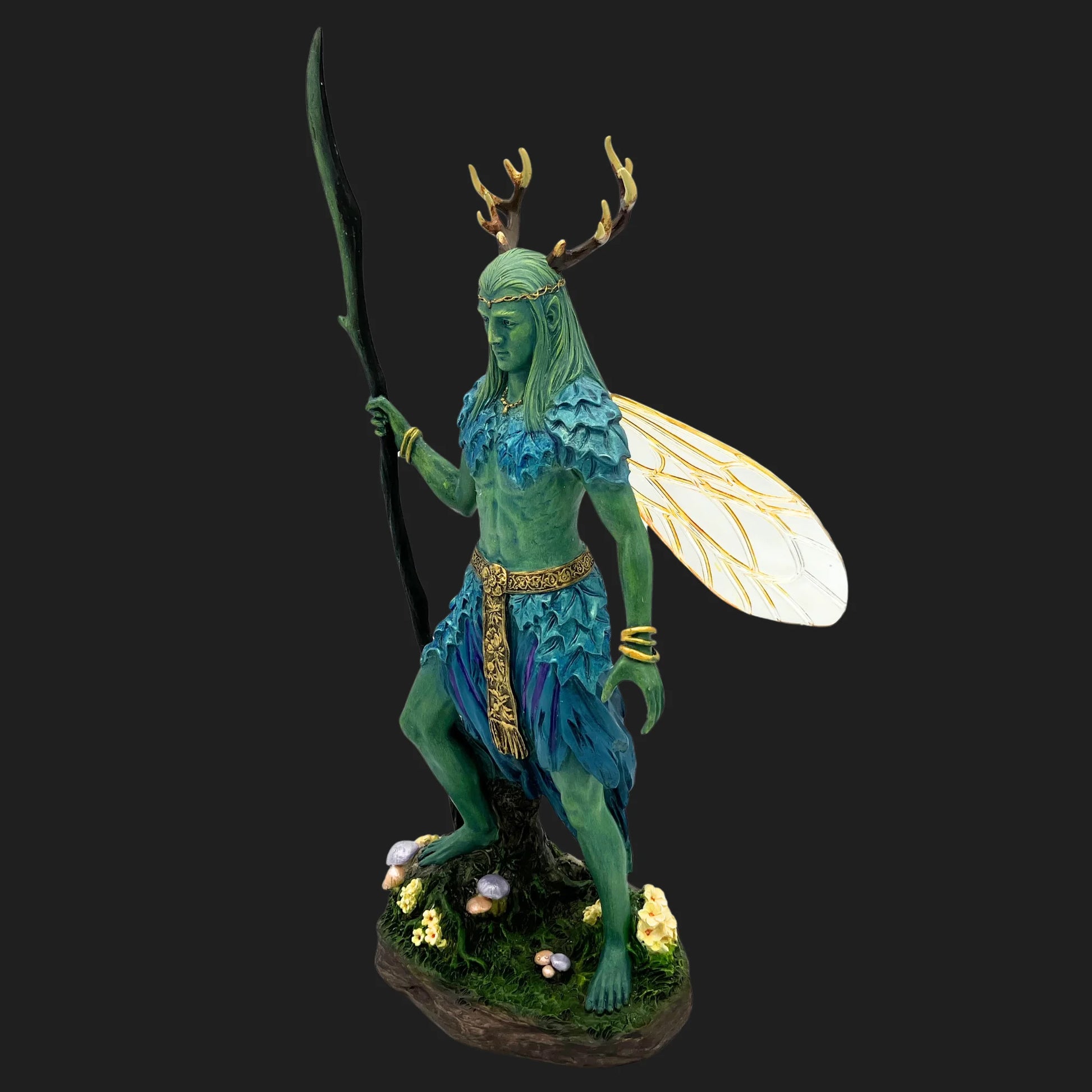 Fantasy elven druid statue with antlers wings and staff collectible