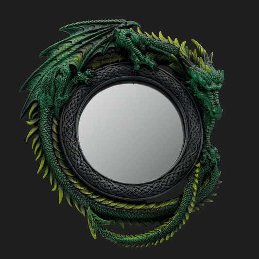 Emerald green dragon mirror with detailed Celtic knot frame – fantasy wall décor