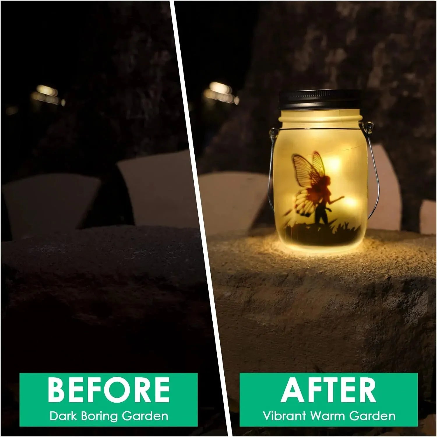Before and after image showing dark garden vs. illuminated fairy solar lantern creating a warm, magical glow