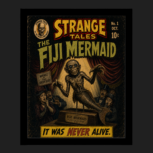 Fiji Mermaid Strange Tales framed wall art print showing a vintage sideshow mermaid skeleton creature with retro horror comic styling.