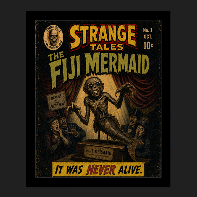 Fiji Mermaid Strange Tales framed wall art print showing a vintage sideshow mermaid skeleton creature with retro horror comic styling.