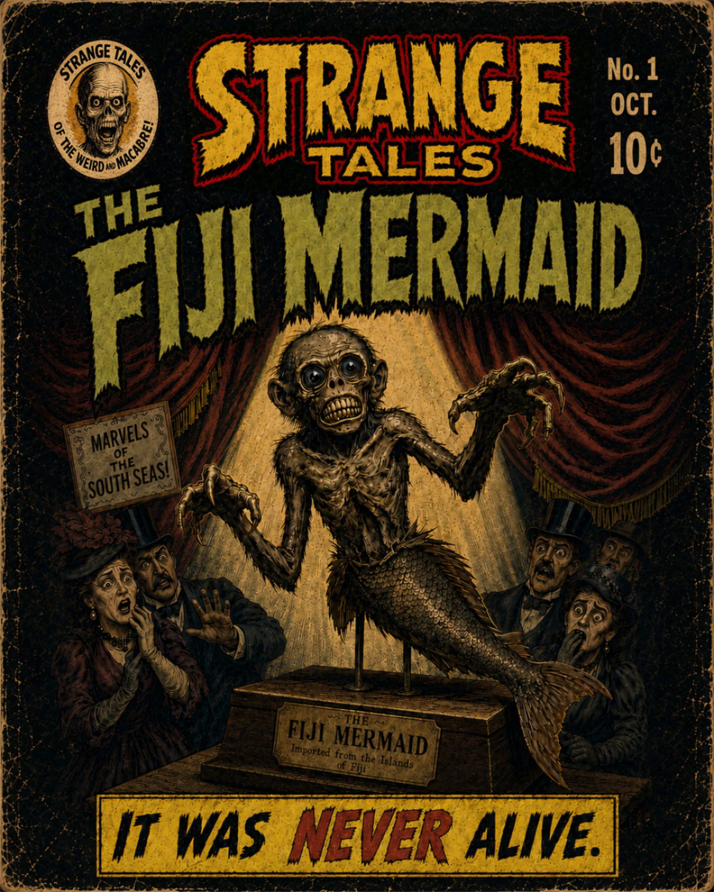 Strange Tales Fiji Mermaid framed vintage horror comic cover art print featuring the famous sideshow hoax on display.
