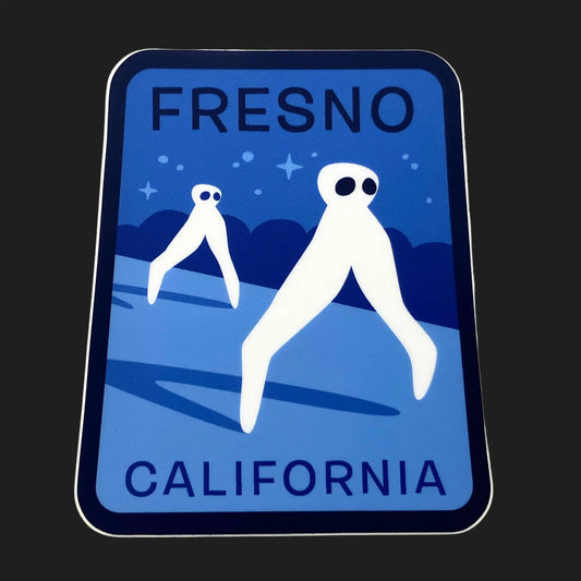 Fresno Nightcrawlers sticker with white long-legged cryptids walking under stars, California folklore design