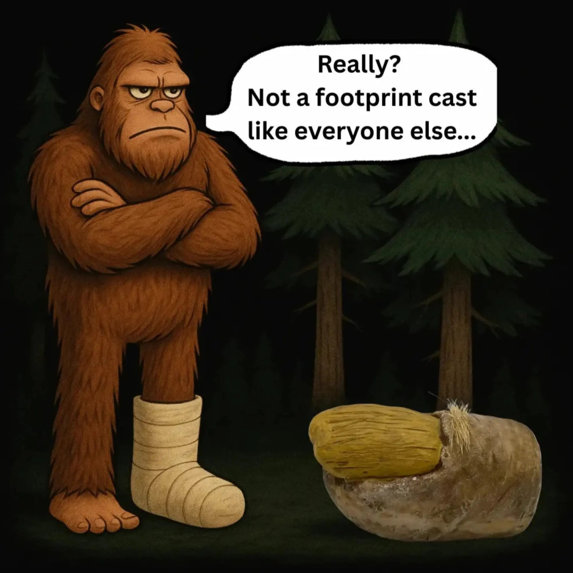 Cartoon Bigfoot with foot cast looking at 4 inch Bigfoot toe relic collectible