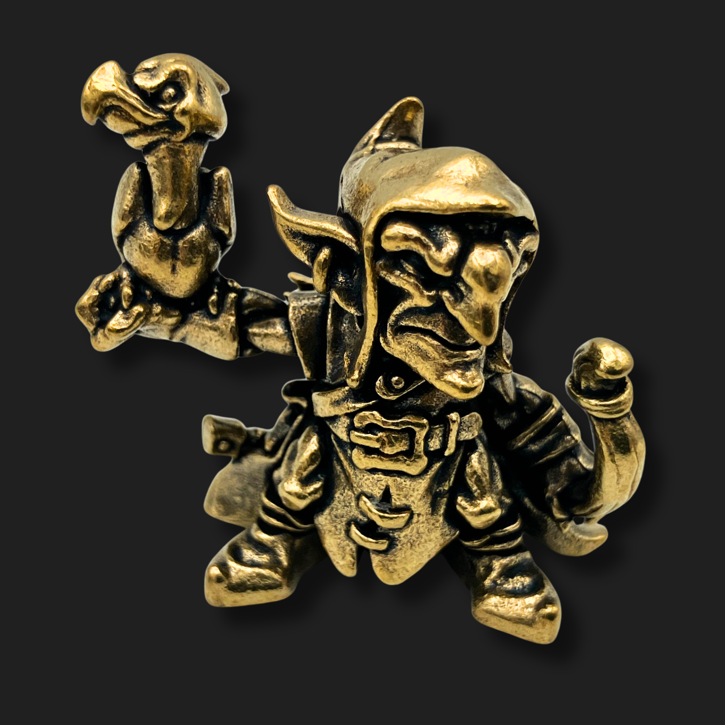 Front view of bronze goblin falconer figurine with hooked nose and vulture perched on arm, dark fantasy collectible from Lair of Mythics.