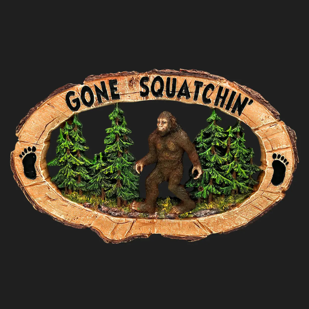 Gone Squatchin’ 14-inch Bigfoot wall plaque with forest background