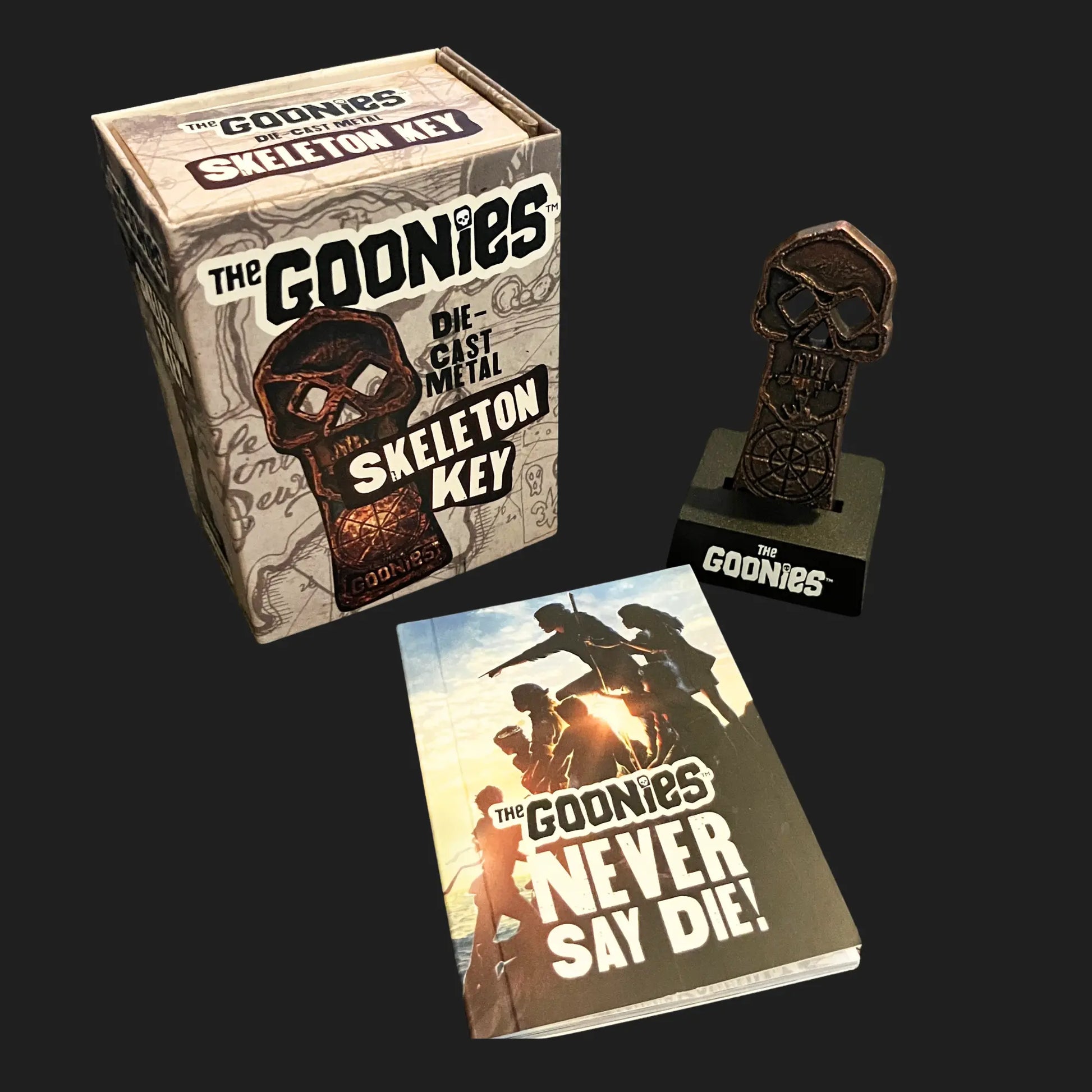 The Goonies Skeleton Key box set with replica key, stand, and mini book