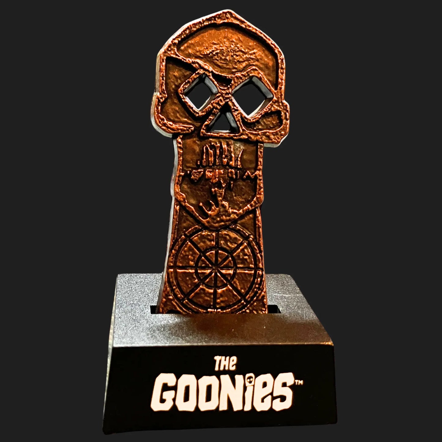 The Goonies Skeleton Key die-cast metal replica on display stand