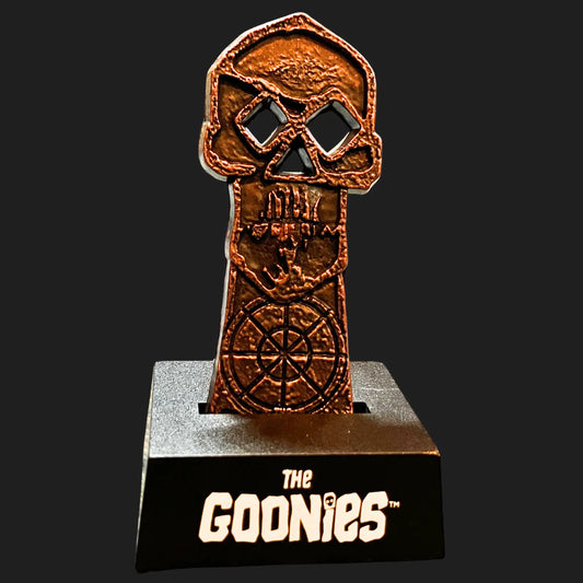 The Goonies Skeleton Key die-cast metal replica on display stand