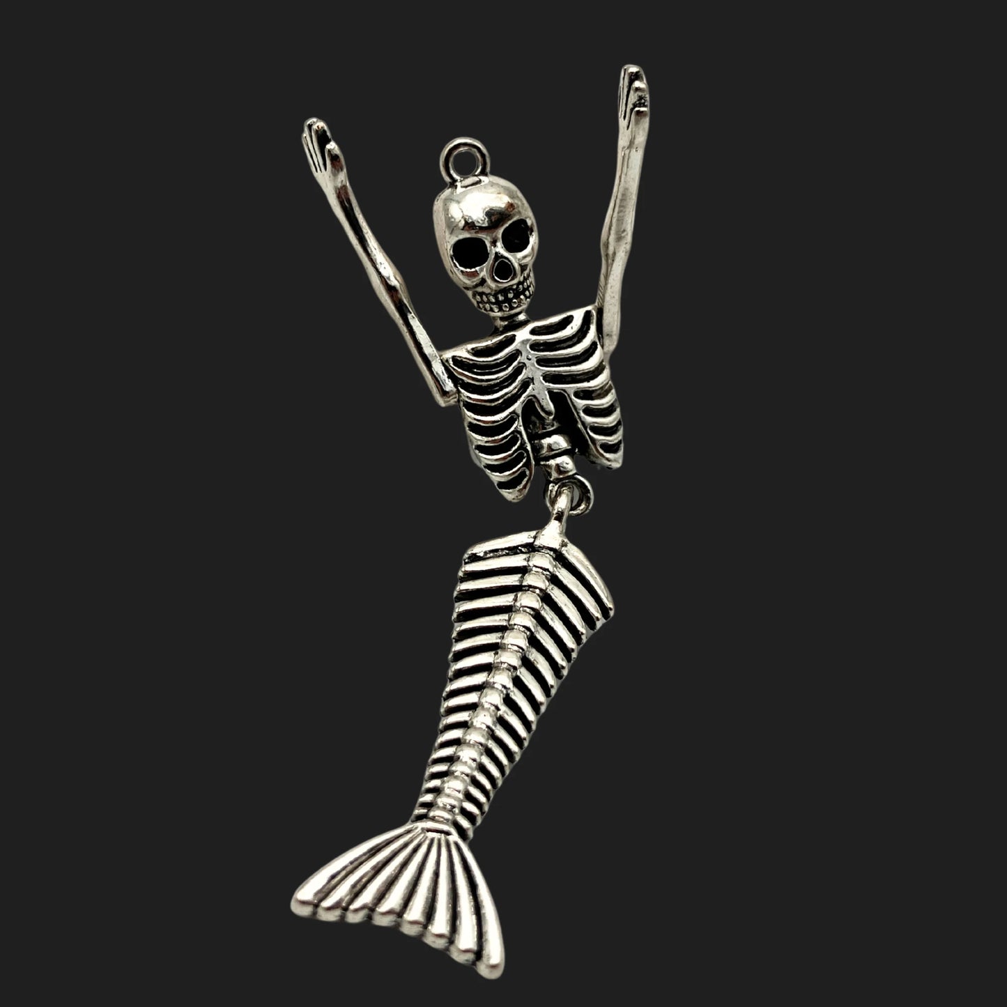 Silver-tone skeletal mermaid charm approx 3 inches long – siren relic jewelry
