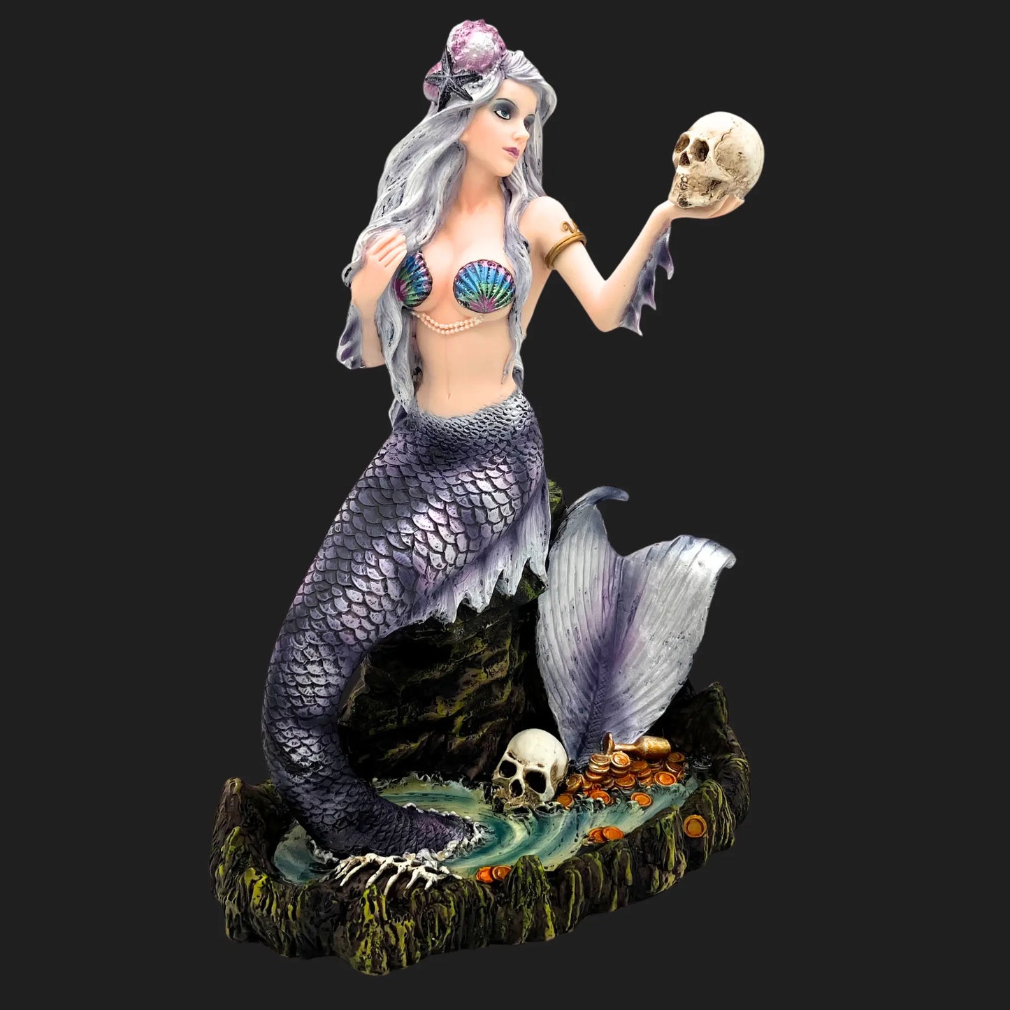 Dark fantasy mermaid statue with seashell top, skeletal remains, and gold coins at her base.