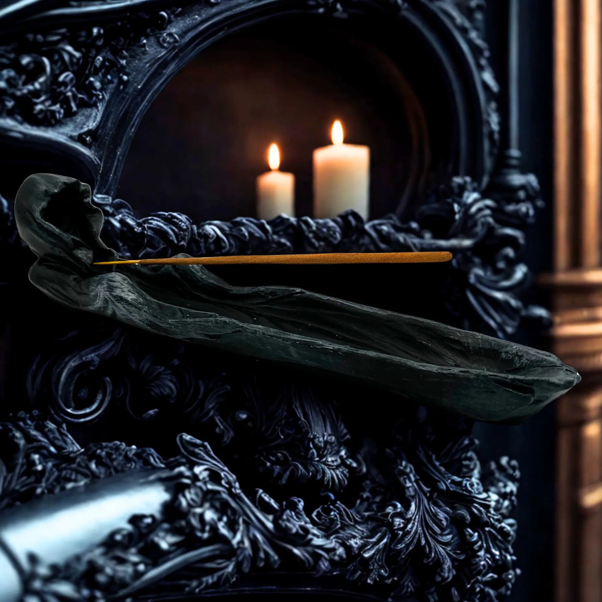 Grim Reaper incense holder with incense stick – dark altar accessory
