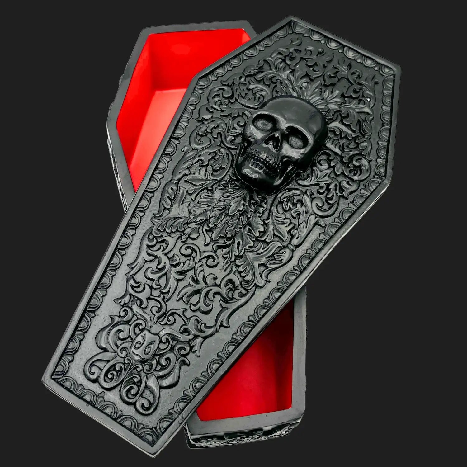 Gothic vampire coffin box with skull lid and blood-red lining – Halloween and gothic decor