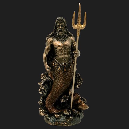Greek god Poseidon statue rising from waves with trident collectible