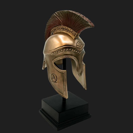 Greek hoplite helmet replica on display stand bronze warrior armor