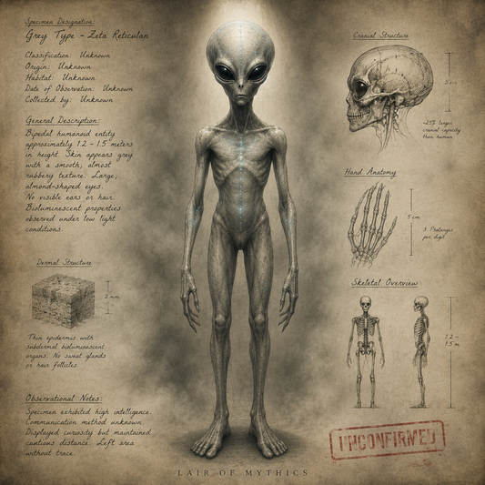 Grey alien specimen chart showing a Zeta Reticulan-style humanoid with anatomical sketches, handwritten field notes, and an unconfirmed case-file stamp.