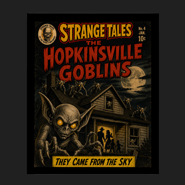 Hopkinsville Goblins Strange Tales framed wall art print with vintage comic horror design and glowing alien figures around a farmhouse.