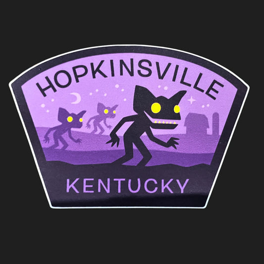 Hopkinsville Goblins sticker in purple with glowing-eyed cryptids from the 1955 Kentucky encounter