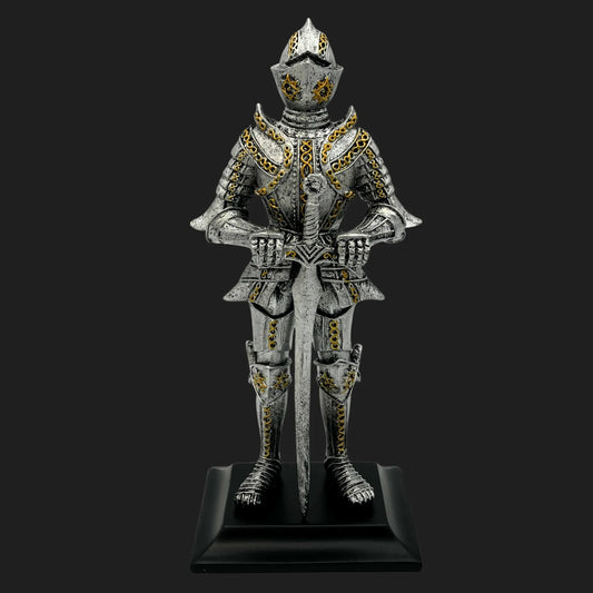 Front view of Knight of the Northern Star figurine with sword and star-etched armor