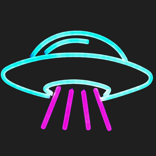 Lights of the Visitors neon UFO sign glowing with turquoise saucer and violet abduction beams