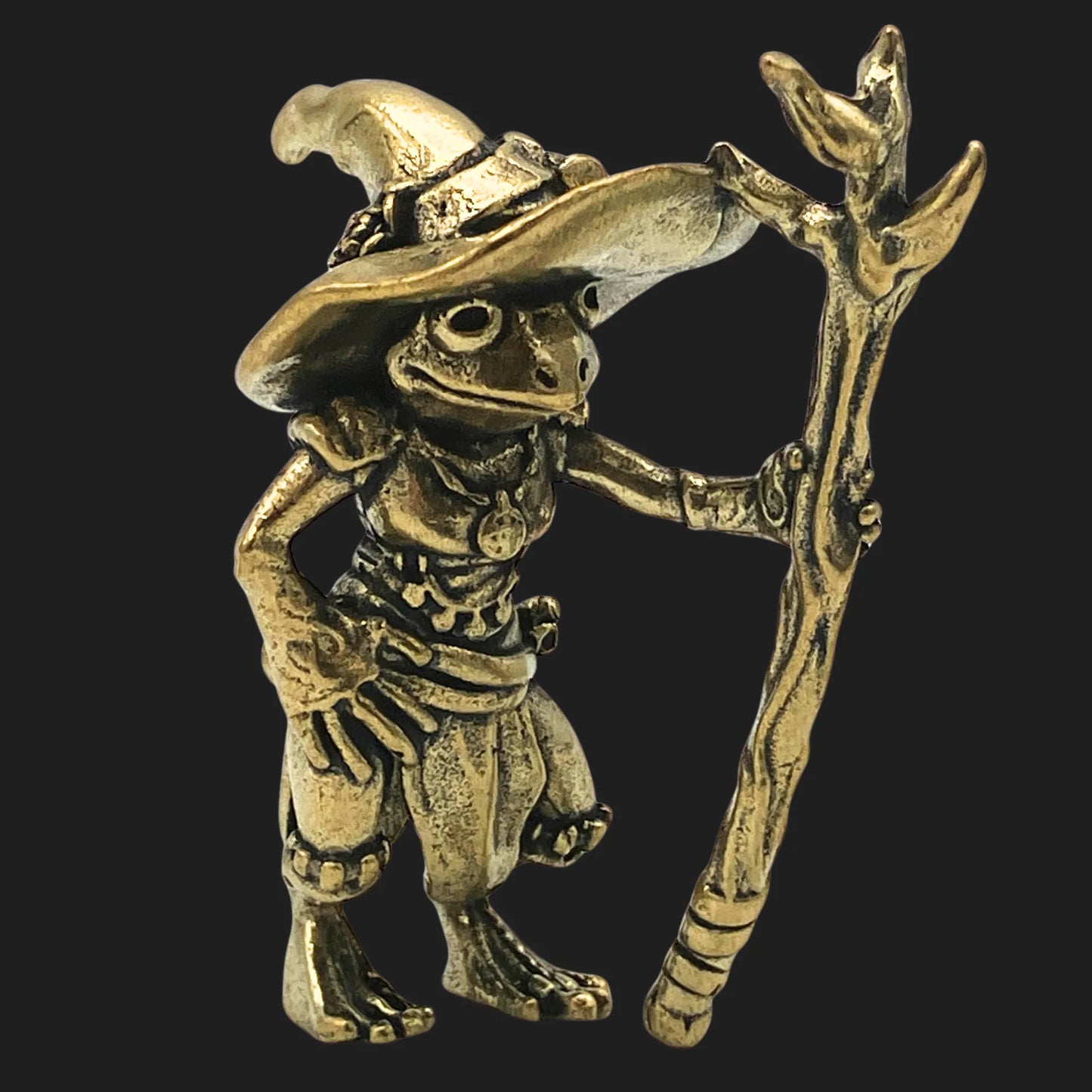 Angled view of bronze Loveland Frogman wizard figurine showing detailed robes and hat