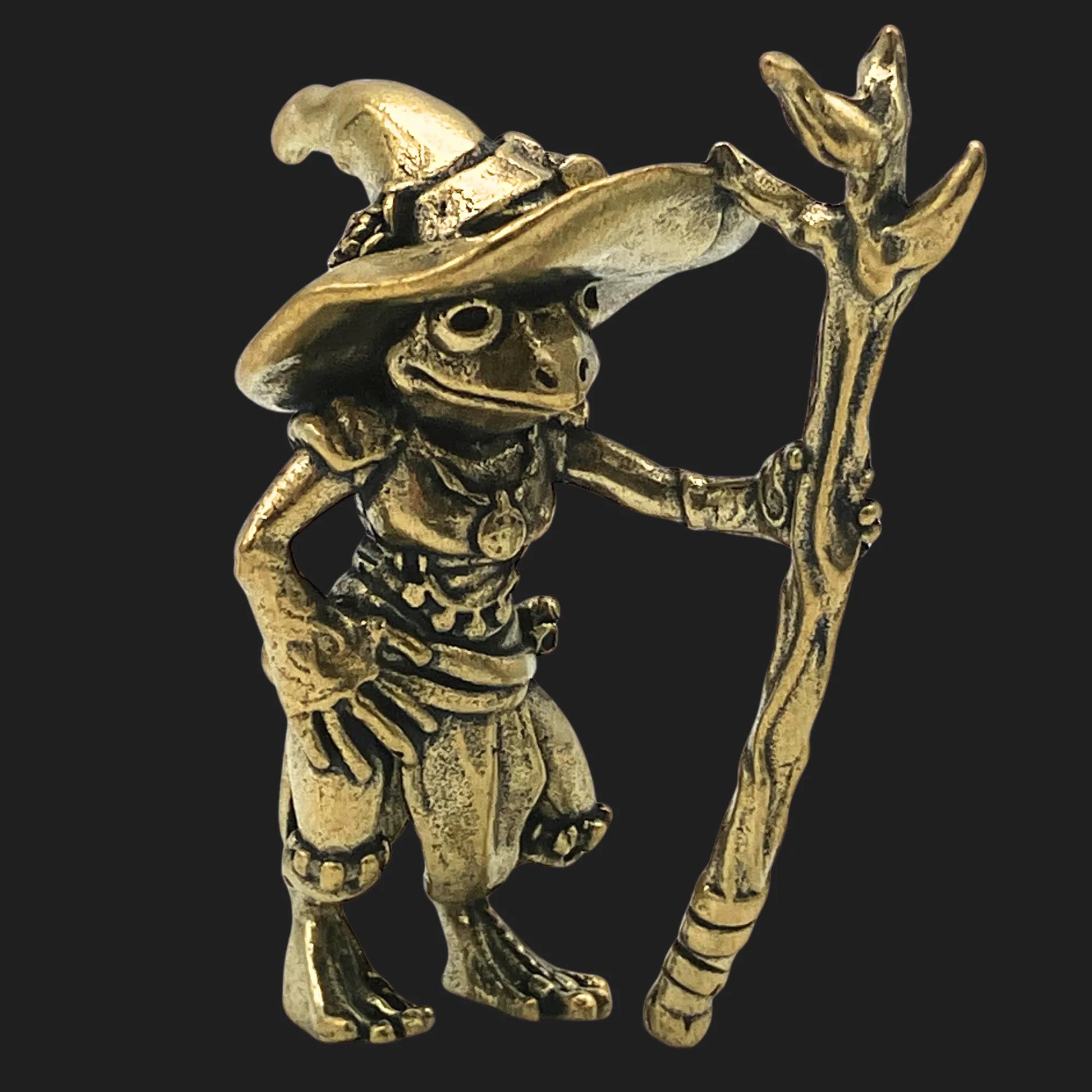 Angled view of bronze Loveland Frogman wizard figurine showing detailed robes and hat