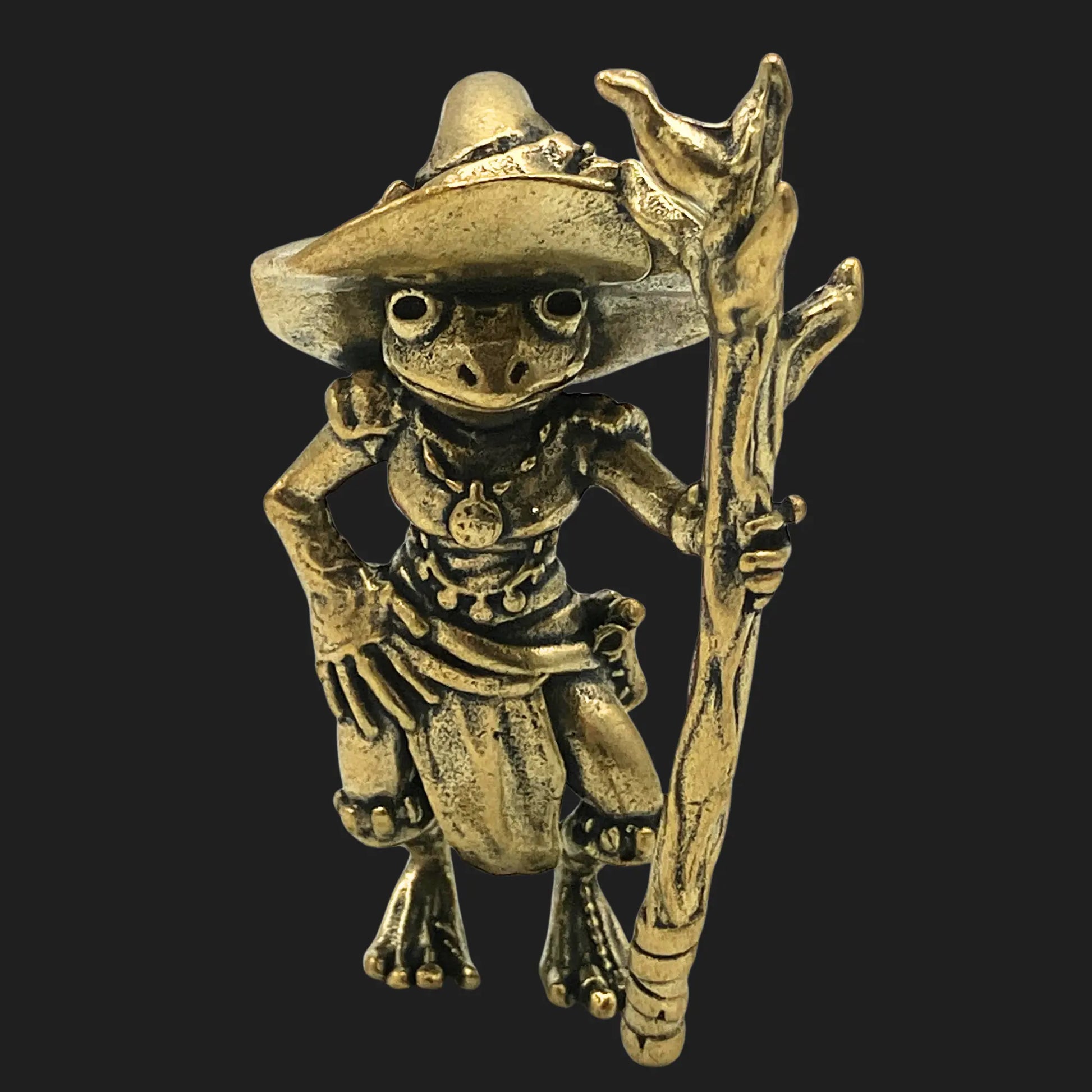 Bronze Loveland Frogman wizard figurine front view with staff and hat