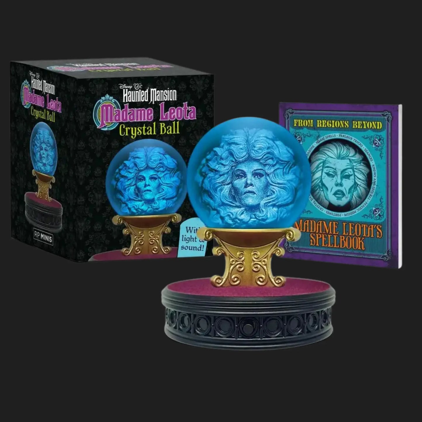 Madame Leota crystal ball collectible glowing with light on ornate base