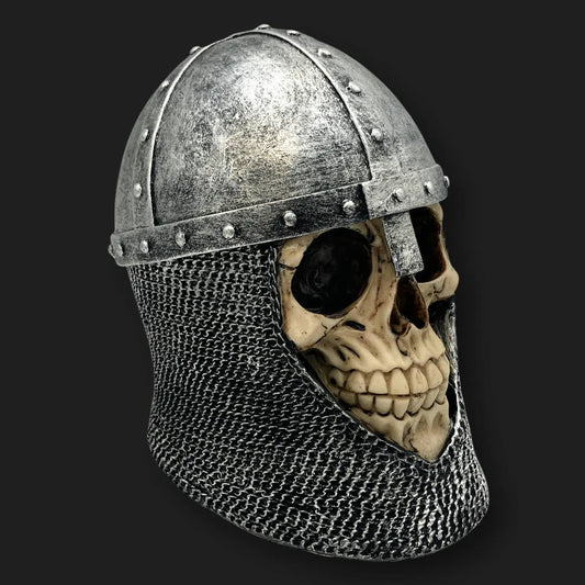 Angled view of knight skull with helmet and chainmail gothic medieval décor.