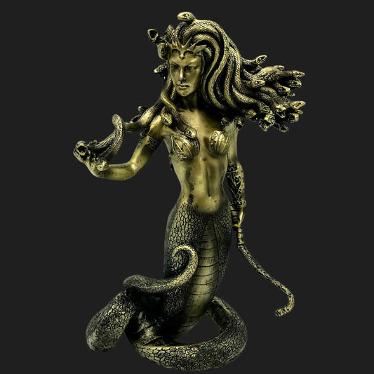 Close-up of Medusa mythical statue with snakes for hair and commanding pose