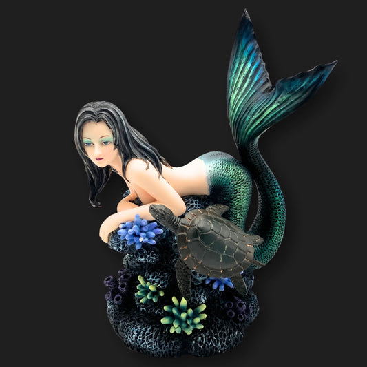Mermaid and sea turtle statue resting on coral reef – 9 inch fantasy decor