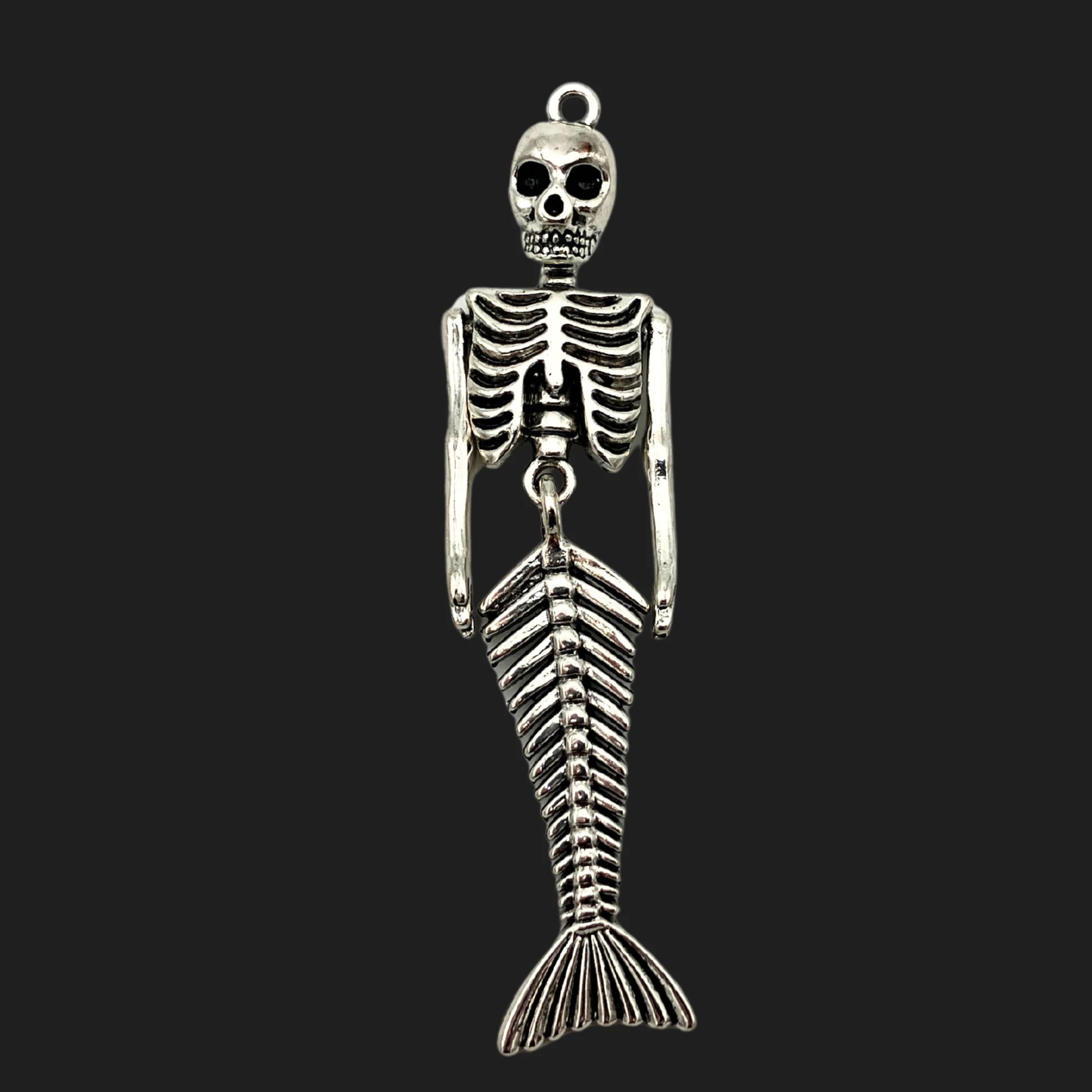 Mermaid skeleton pendant with ribcage and fishbone tail – gothic necklace