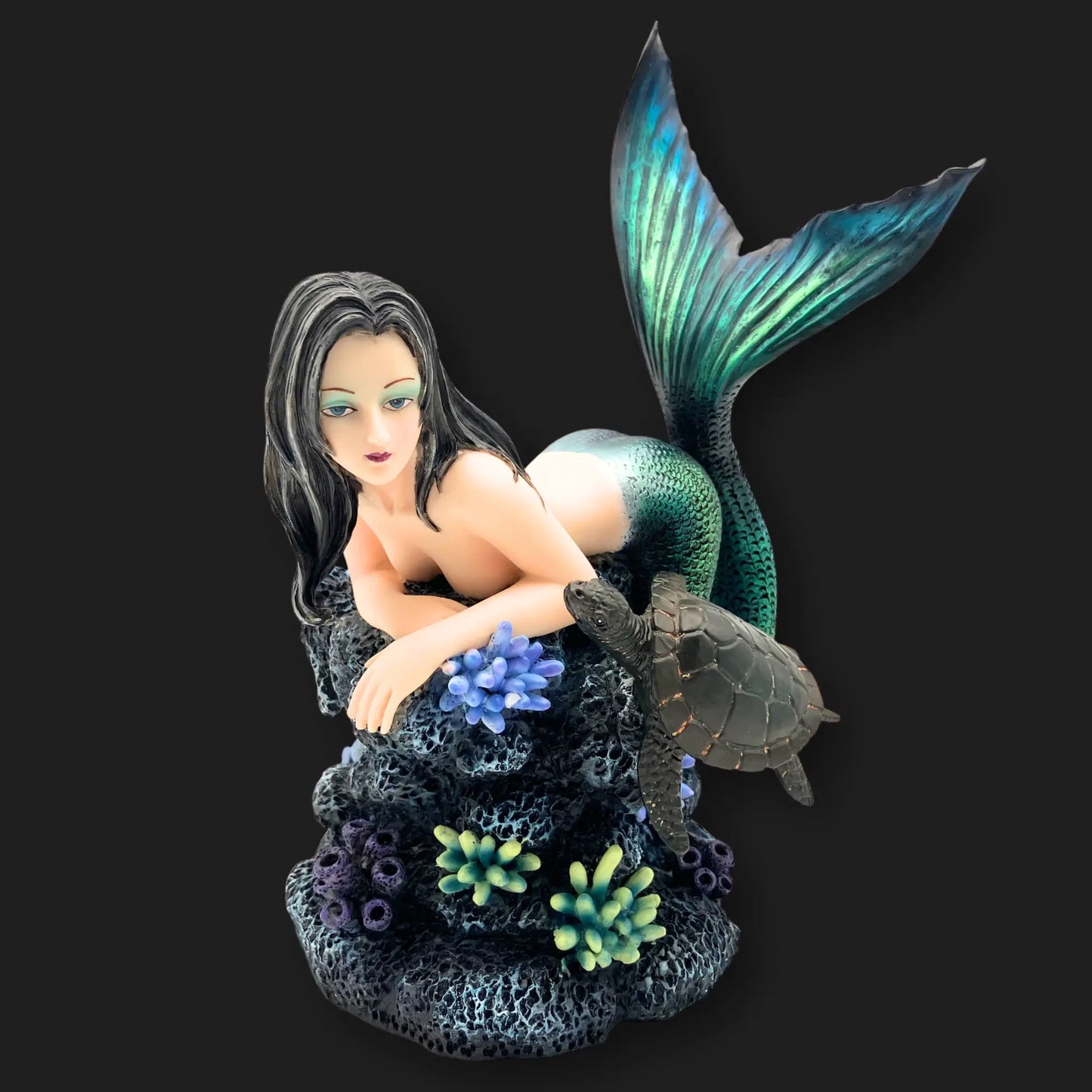 Fantasy mermaid figurine with green tail and turtle companion – ocean inspired statue