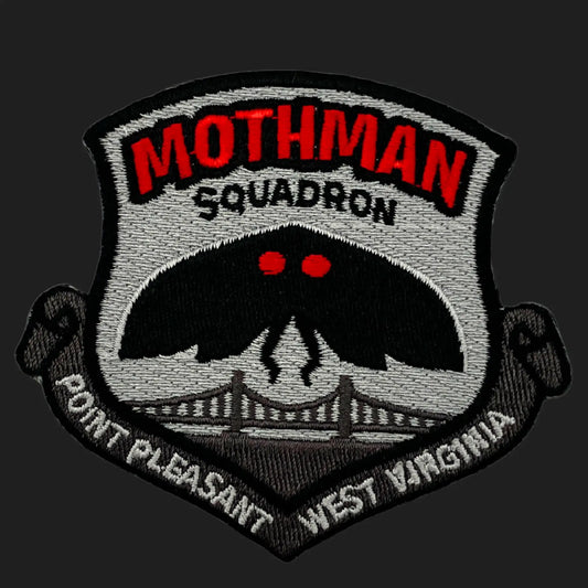 Embroidered Mothman Squadron iron-on patch, 3.5 x 3.25 inches, featuring winged red-eyed cryptid and Silver Bridge of Point Pleasant.