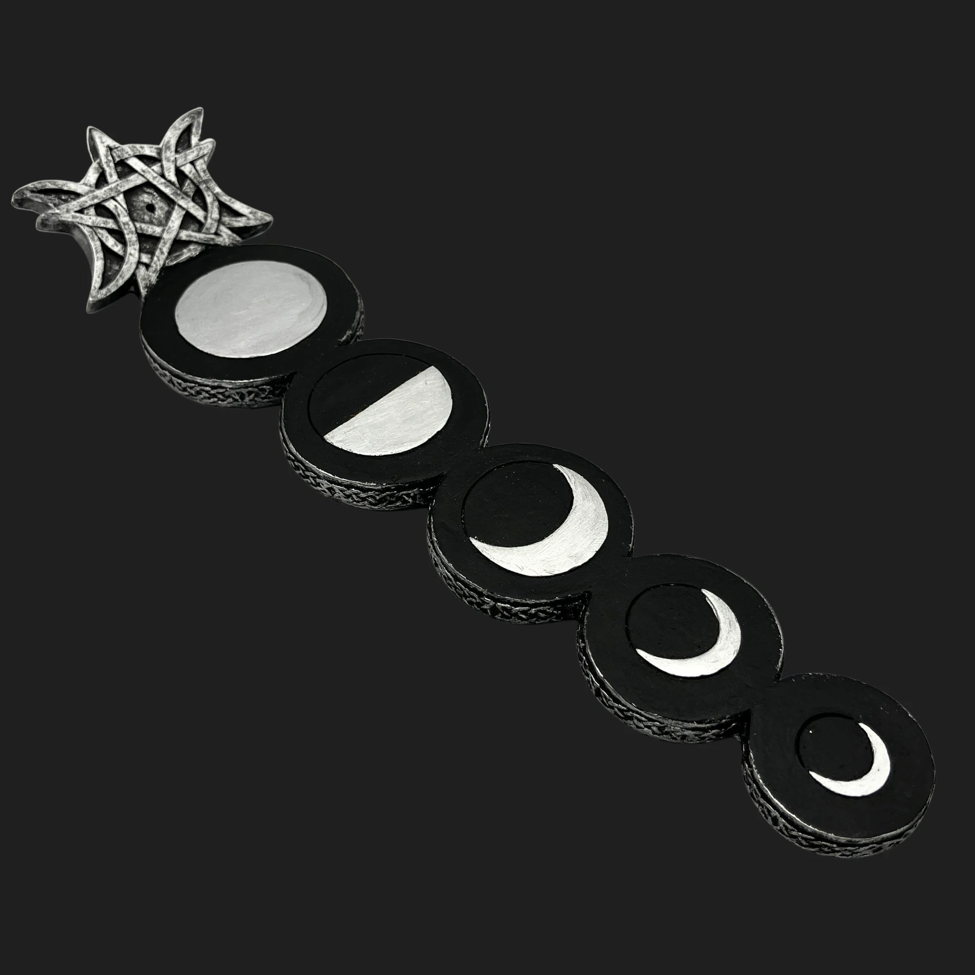 Mystic Moon incense burner with silver lunar phases and star crown