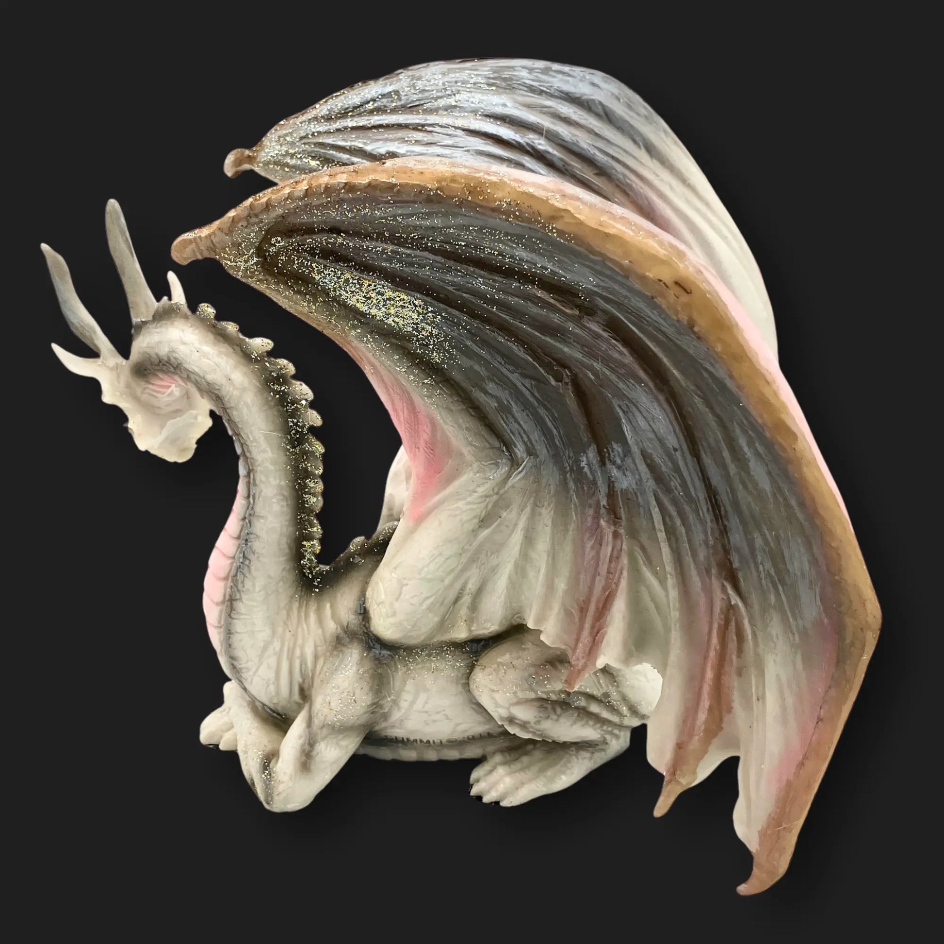 Fantasy dragon figurine – curled wise old dragon with glittered wings