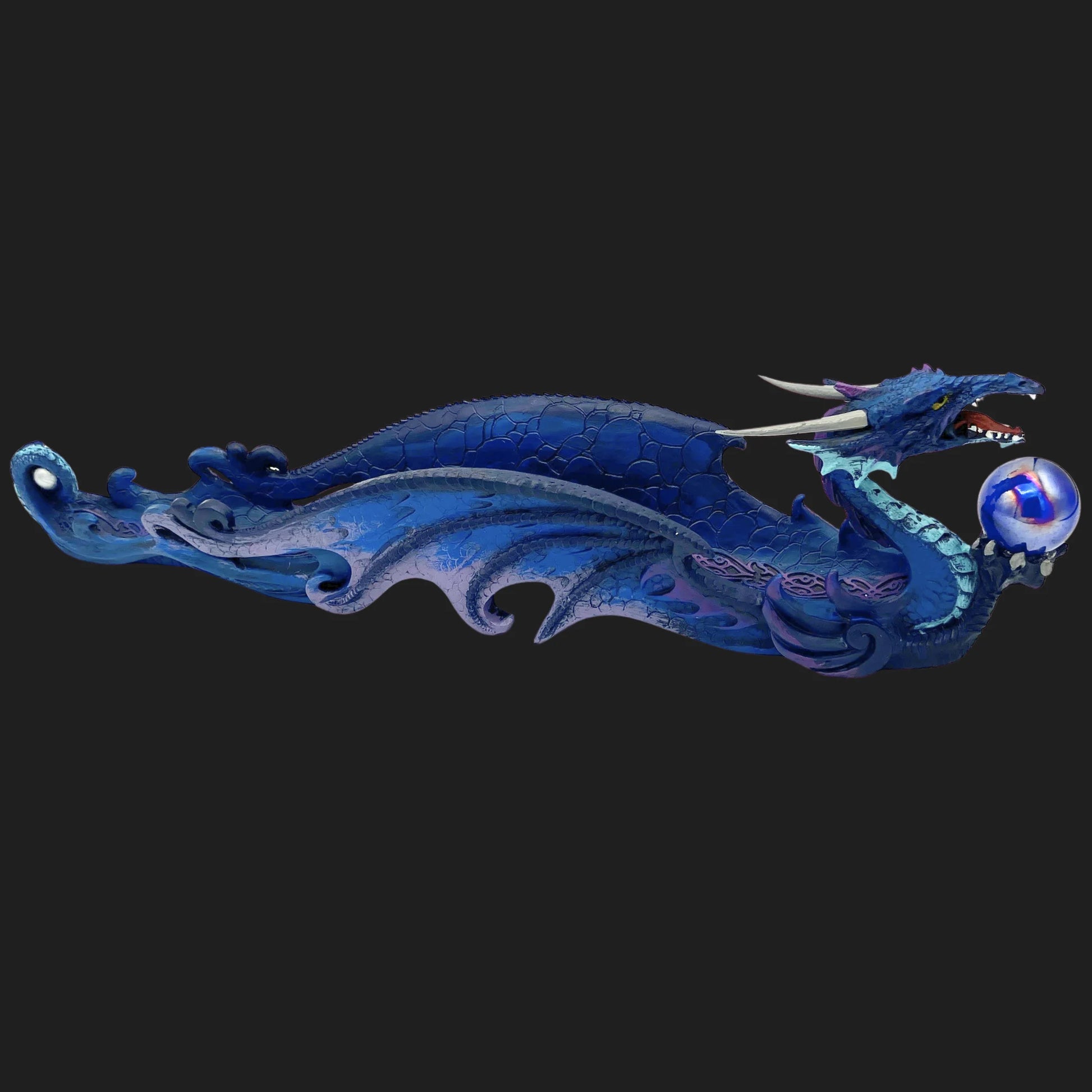 Fantasy blue dragon incense holder – dragon clutching orb decor piece